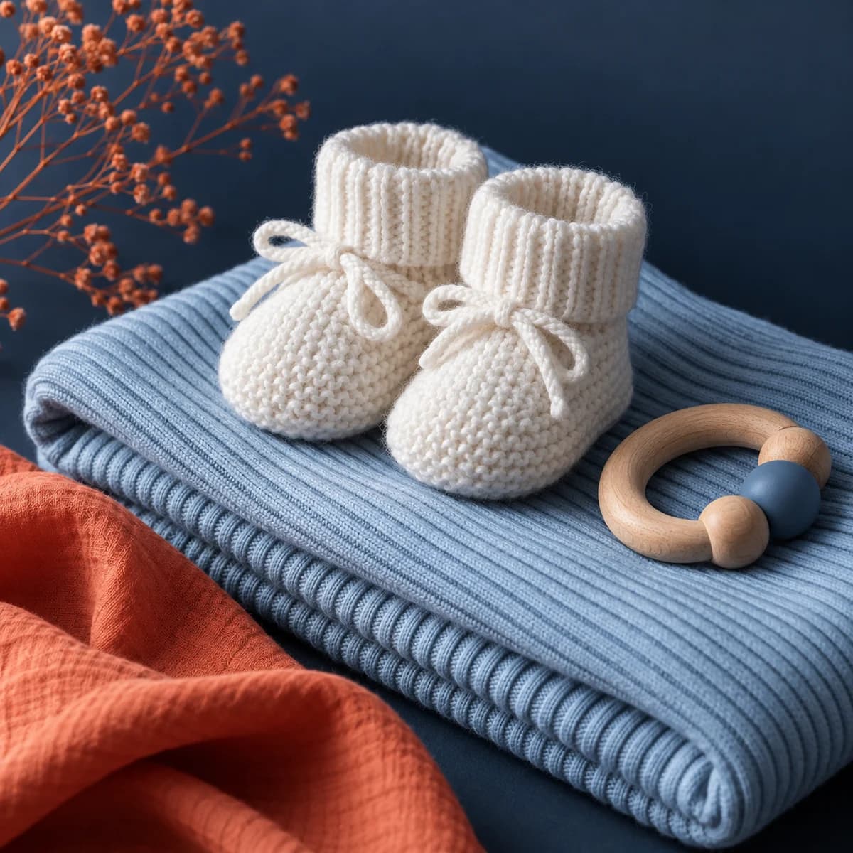 Knitted baby booties on a blue blanket
