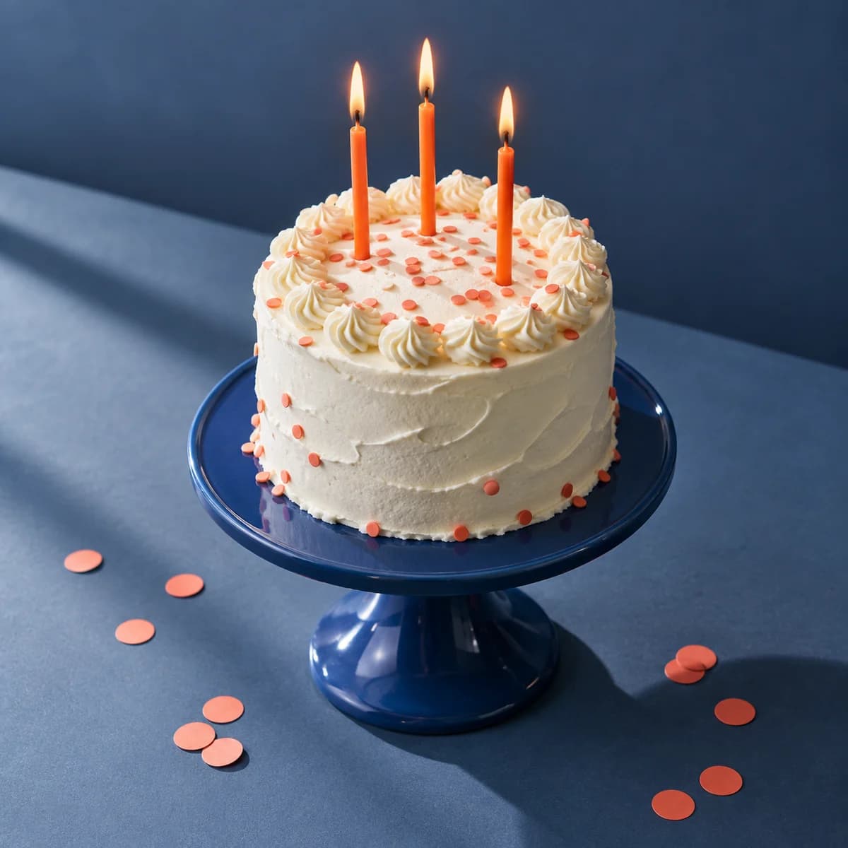 Birthday cake with orange candles on a blue cake stand