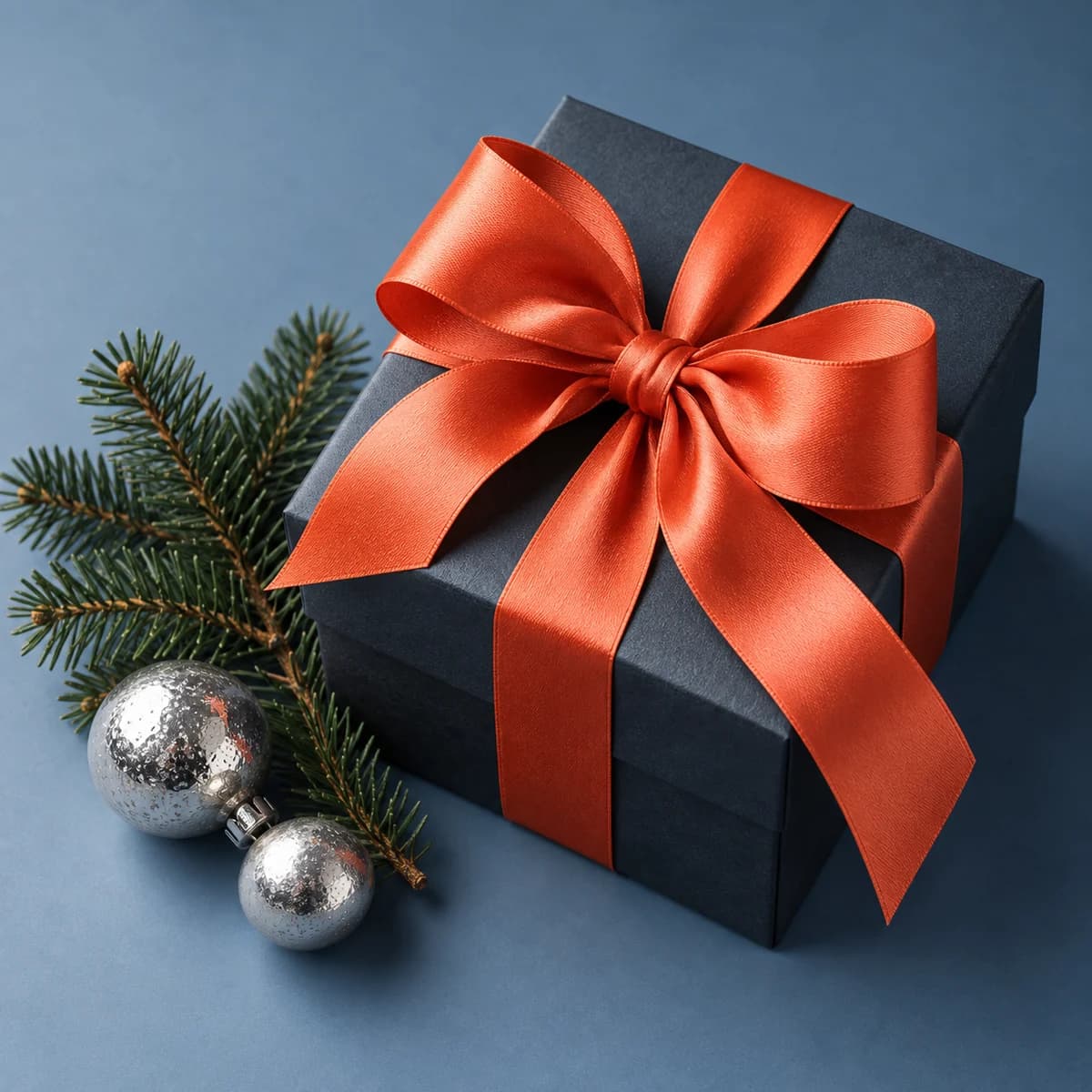 Christmas gift wrapped in navy paper with an orange ribbon