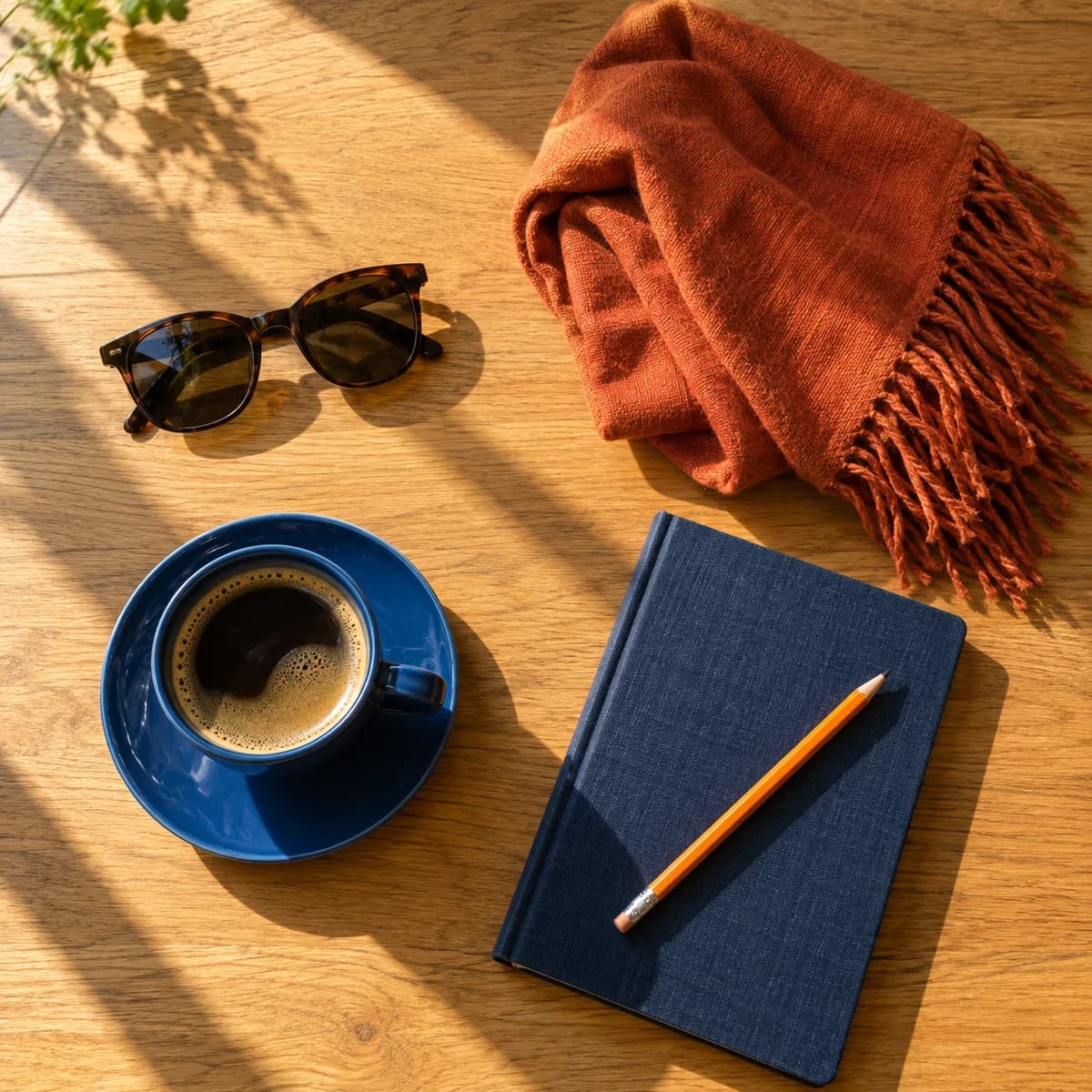 Coffee, sunglasses, an orange scarf and a navy notebook on a sunlit oak table